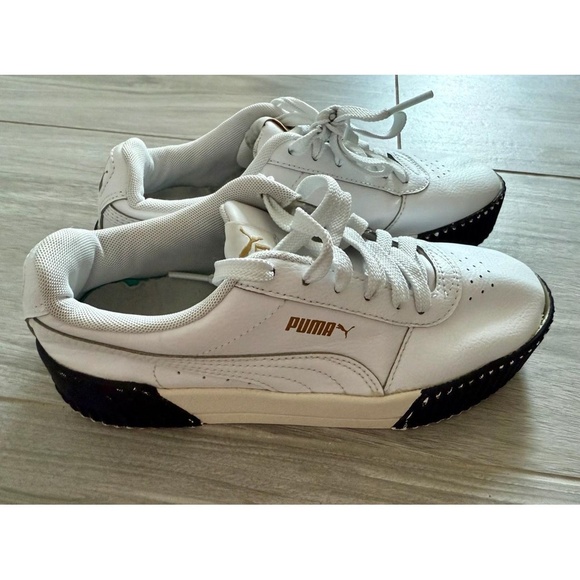 PUMA Sneakers Womans Size 6 White Black Gold Platform Retro Perforated Toe Casua - Picture 3 of 8